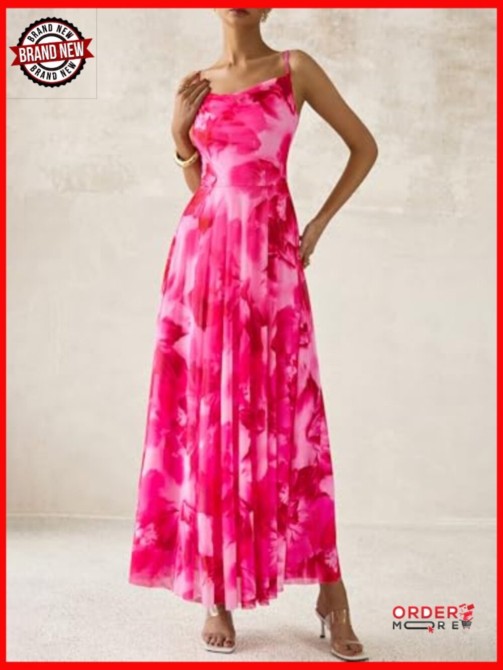 Sleeveless Cowl Neck Floral Maxi Dress A-Line Mesh Summer - Picture 4 of 7